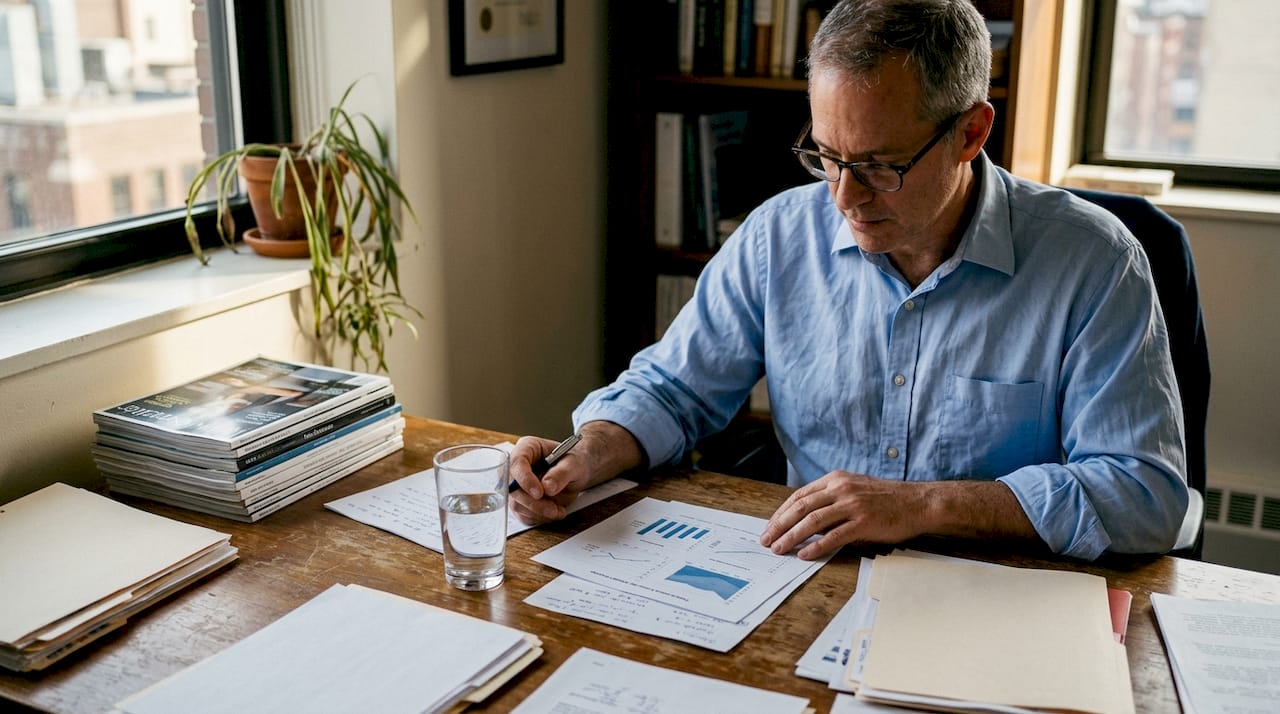 Terapeuta analizando estudios científicos en su escritorio