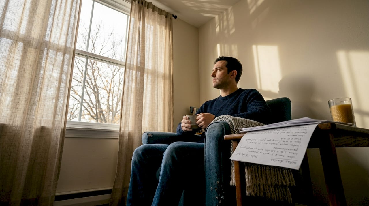Un hombre se sienta junto a la ventana, perdido en sus pensamientos.