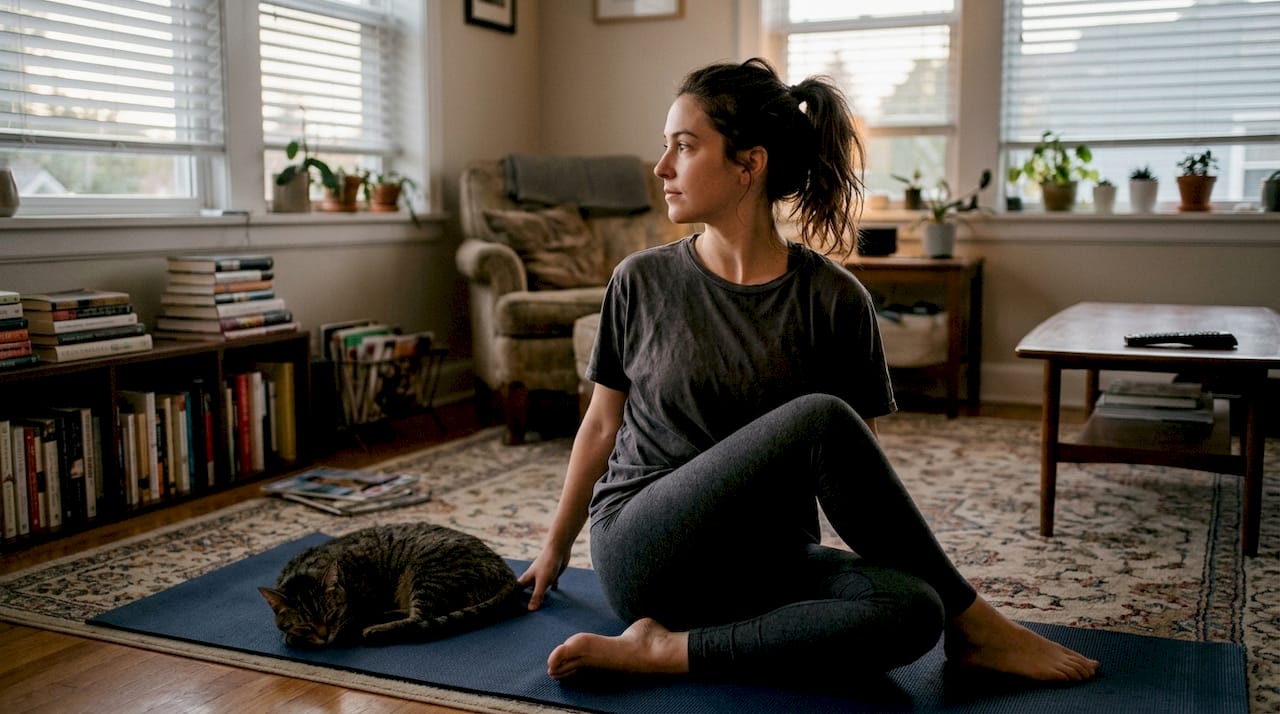 Woman practicing yoga in casual living room