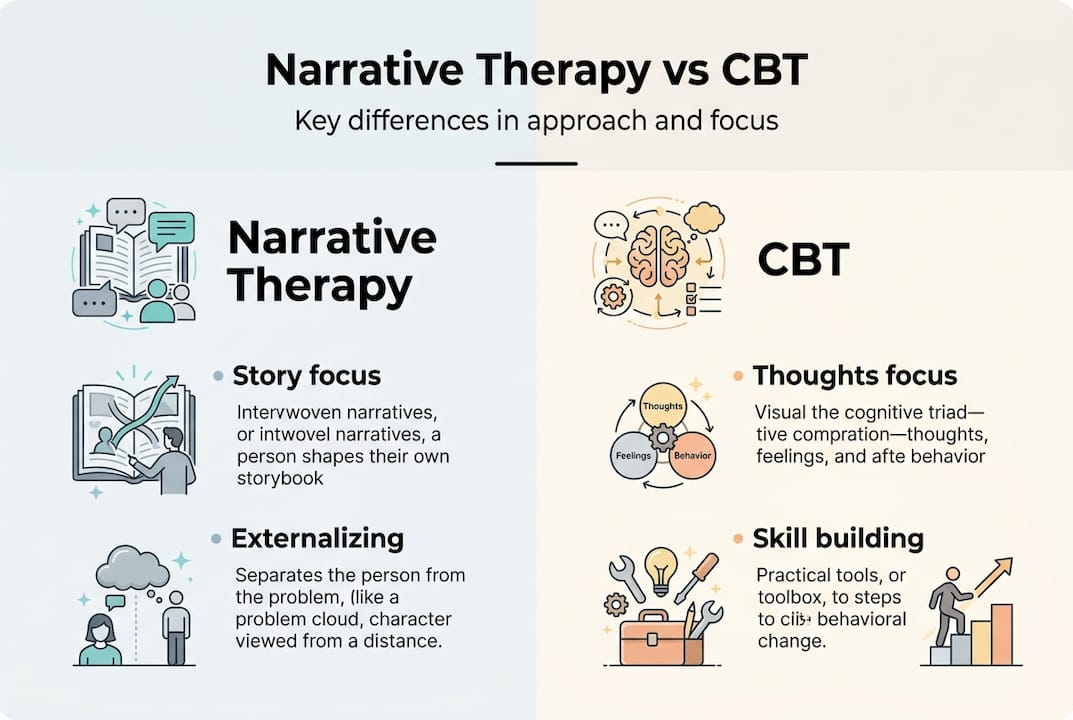 Infographic comparing narrative therapy and cognitive behavioral therapy (CBT), highlighting key differences in approach, focus on storytelling and externalizing problems in narrative therapy versus cognitive restructuring and skill-building in CBT.