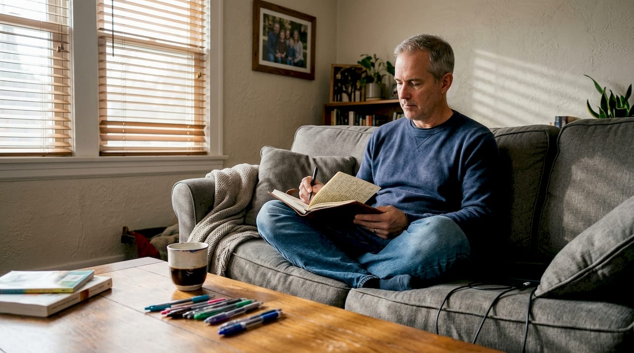 Man journaling in a casual living room, reflecting on personal experiences with a notebook and pen, surrounded by writing tools and a warm, inviting atmosphere, illustrating themes of narrative therapy and emotional healing.