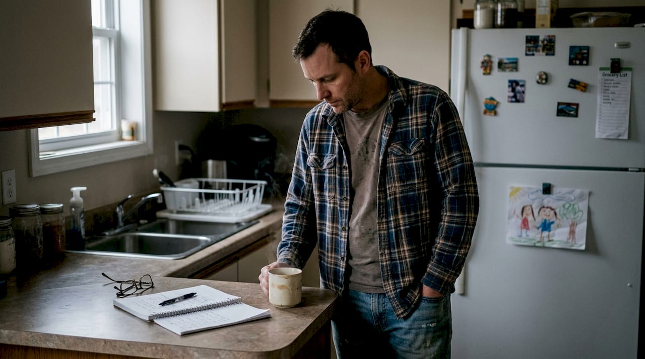 Man reflecting alone in evening kitchen