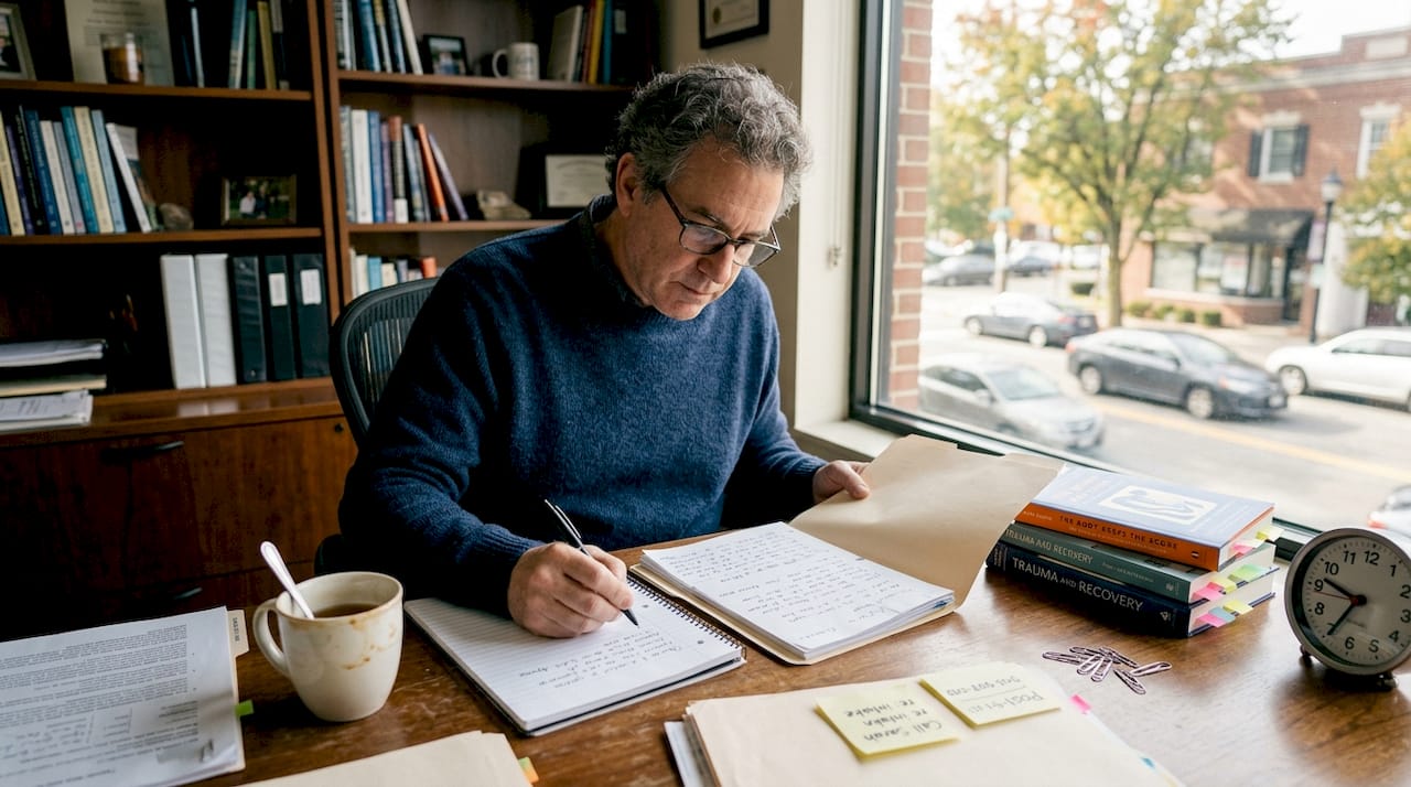 Therapist quietly reviewing handwritten client notes