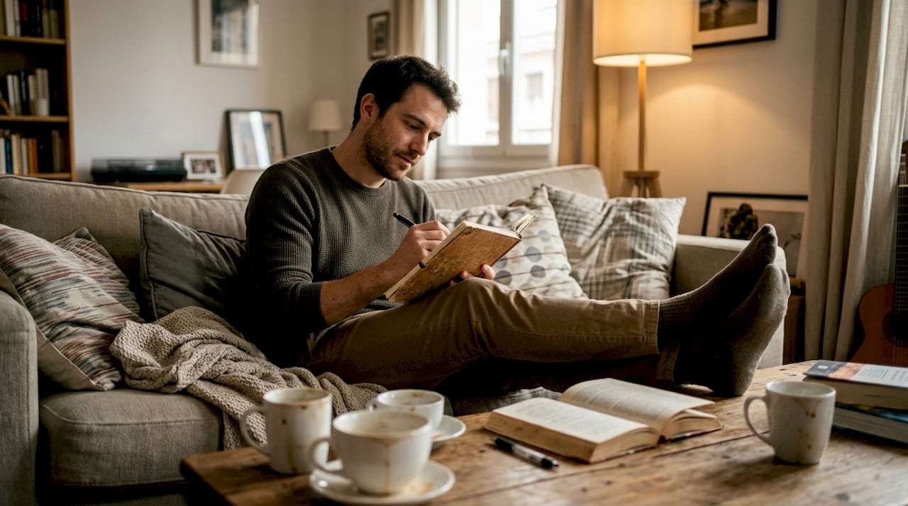 Un hombre se dedica a escribir como parte de su terapia, rodeado de un ambiente tranquilo y relajado.