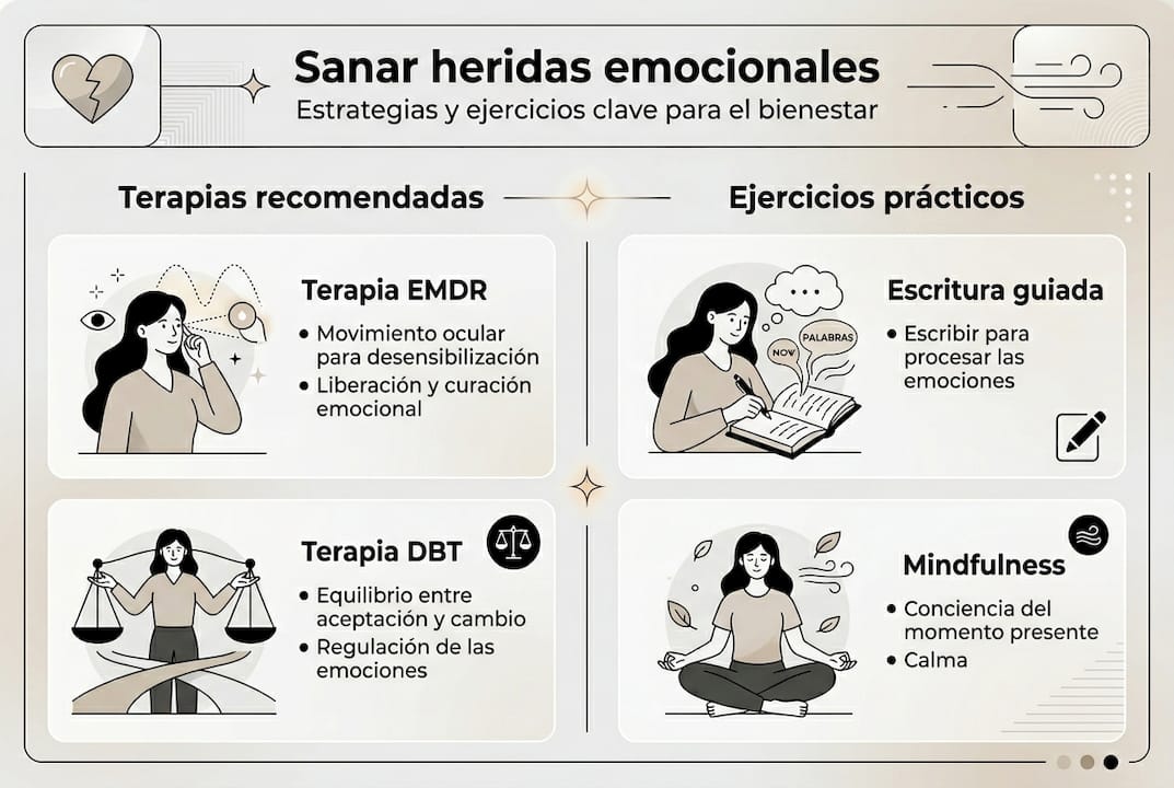 Infografía con ejercicios prácticos y terapias emocionales esenciales