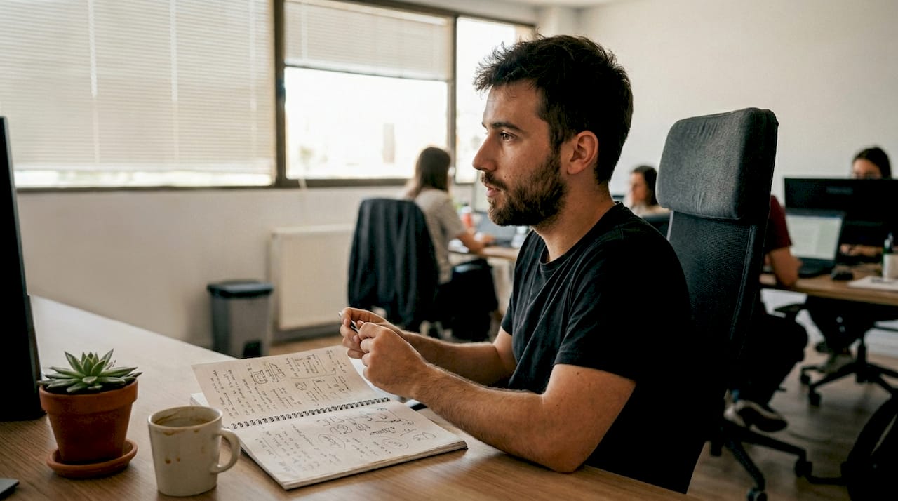 Hombre prestando atención y escuchando activamente a su compañero en una reunión de oficina