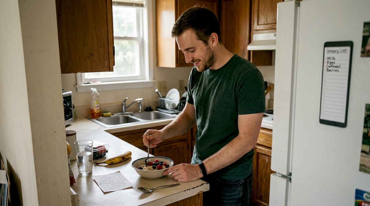 Man preparing healthy breakfast for routine