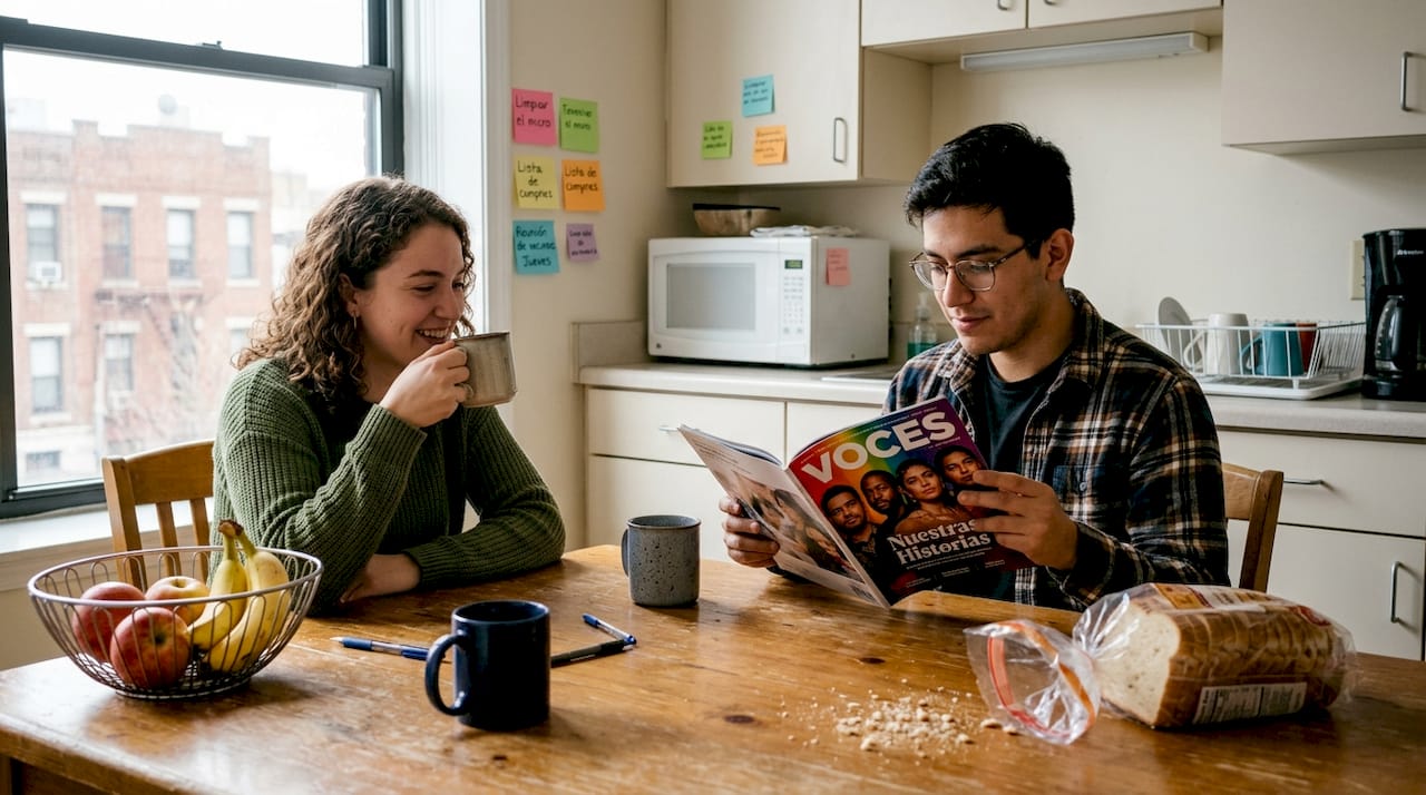 Un grupo de jóvenes disfrutando juntos en la cocina comunitaria de la ciudad