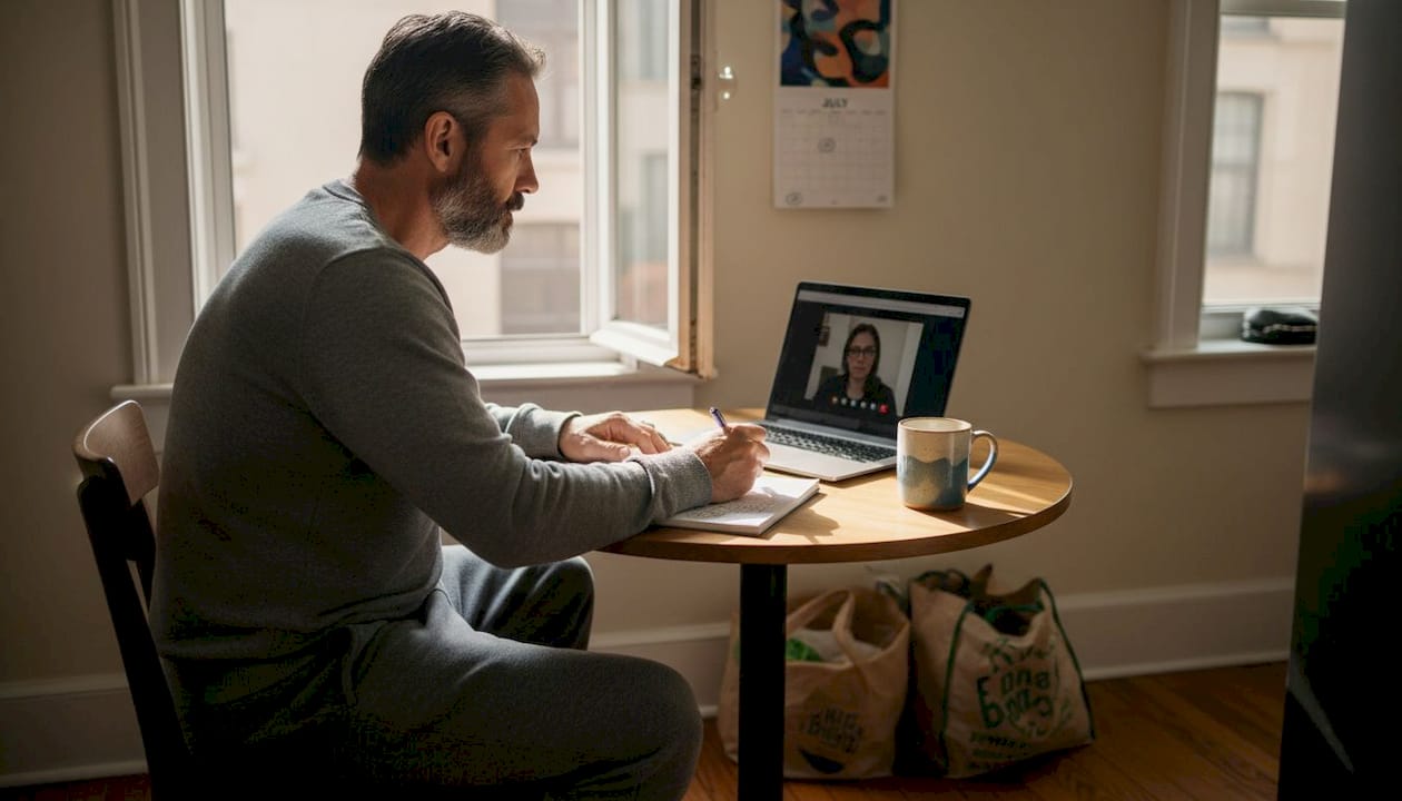 Man on telehealth therapy call at kitchen table