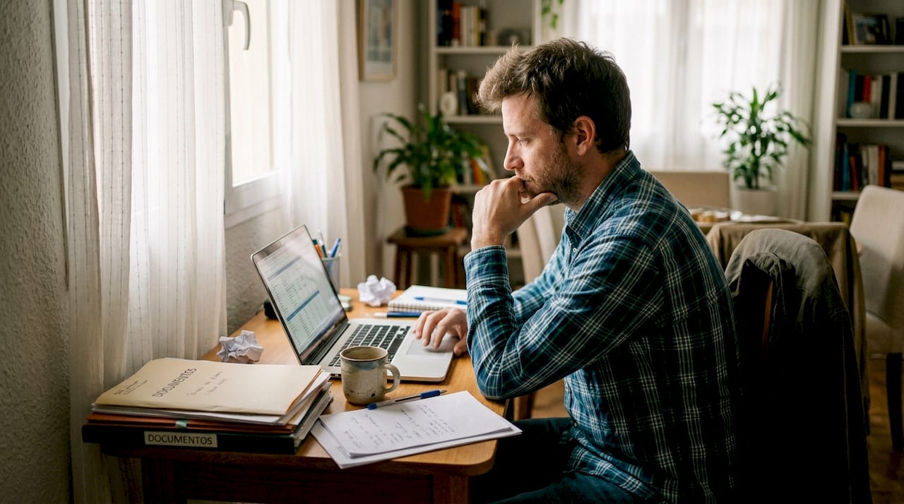 Un hombre agobiado sentado frente a su escritorio desordenado en casa.