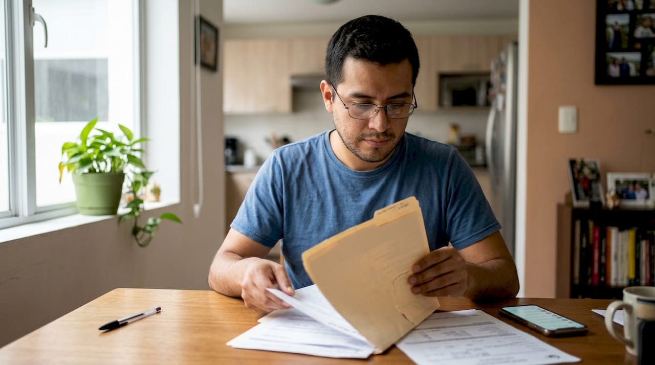 Un hombre organiza papeles sobre la mesa del comedor.