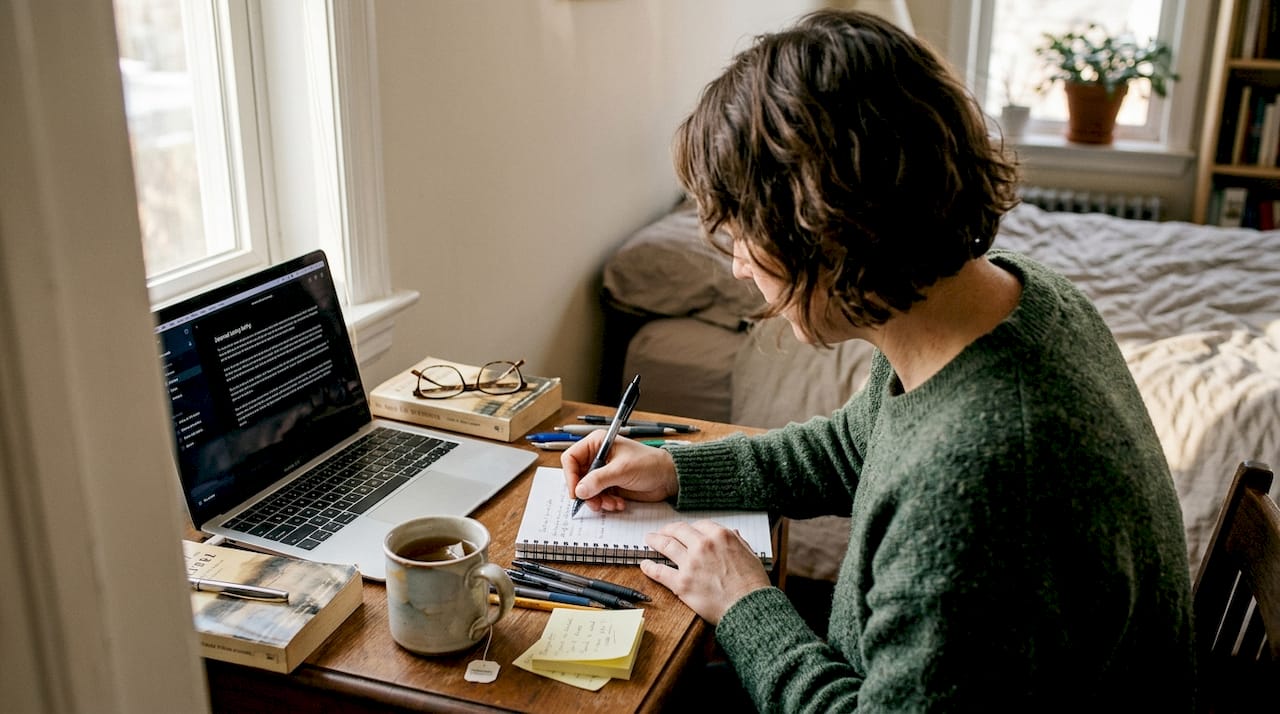 Woman journaling relationship patterns at home