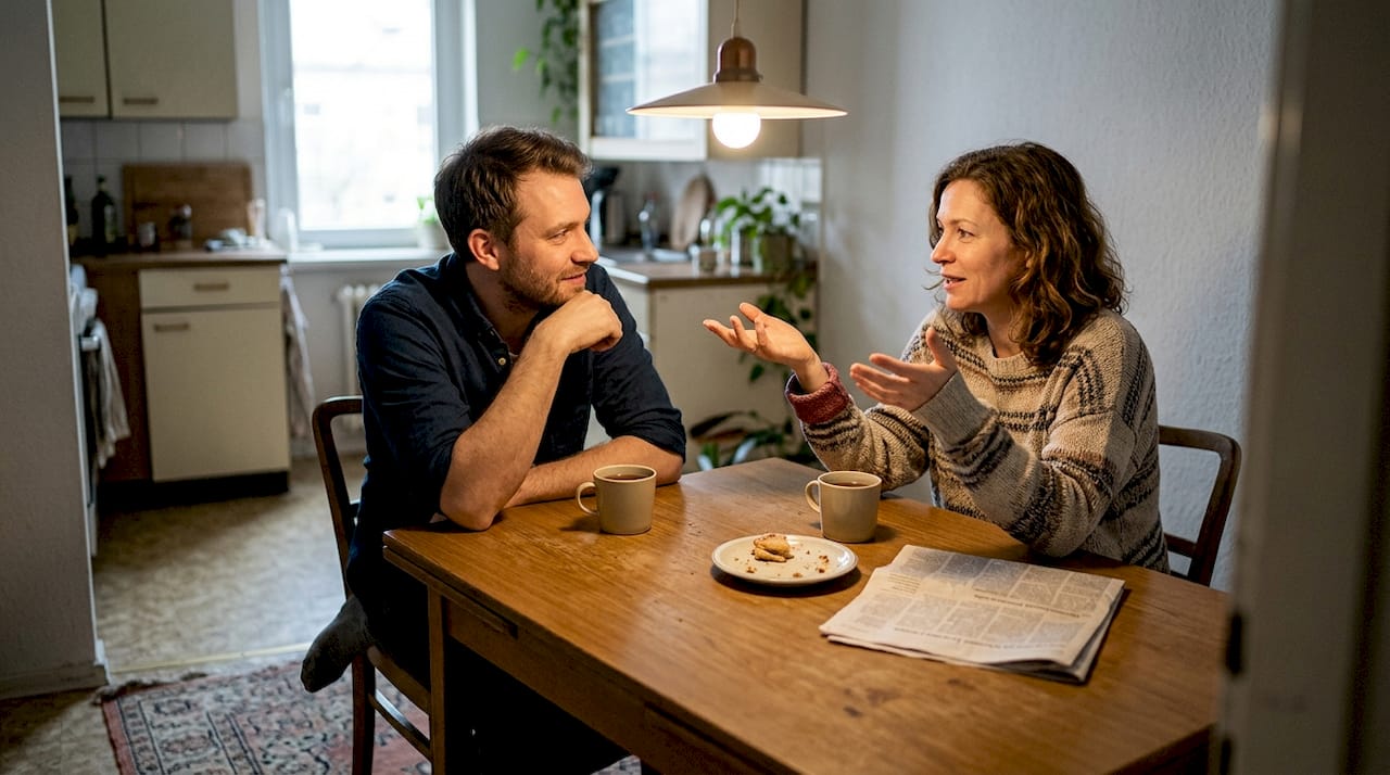 Una pareja conversa en la mesa de la cocina, escuchándose atentamente el uno al otro.