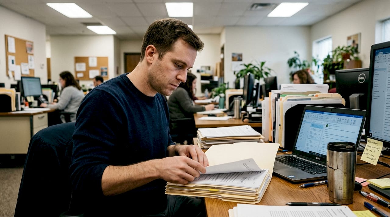 Caseworker going through paperwork in busy office
