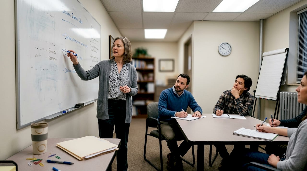 Therapist leads team supervision at whiteboard