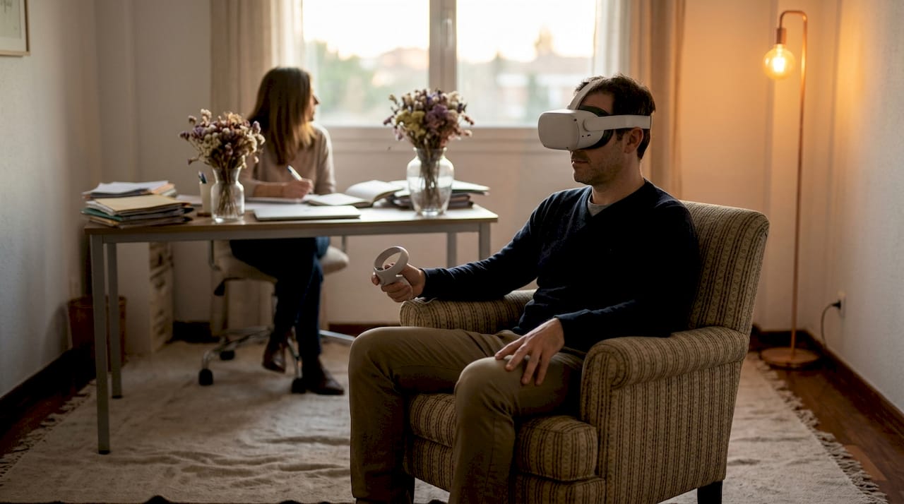 Paciente probando unas gafas de realidad virtual durante su consulta médica