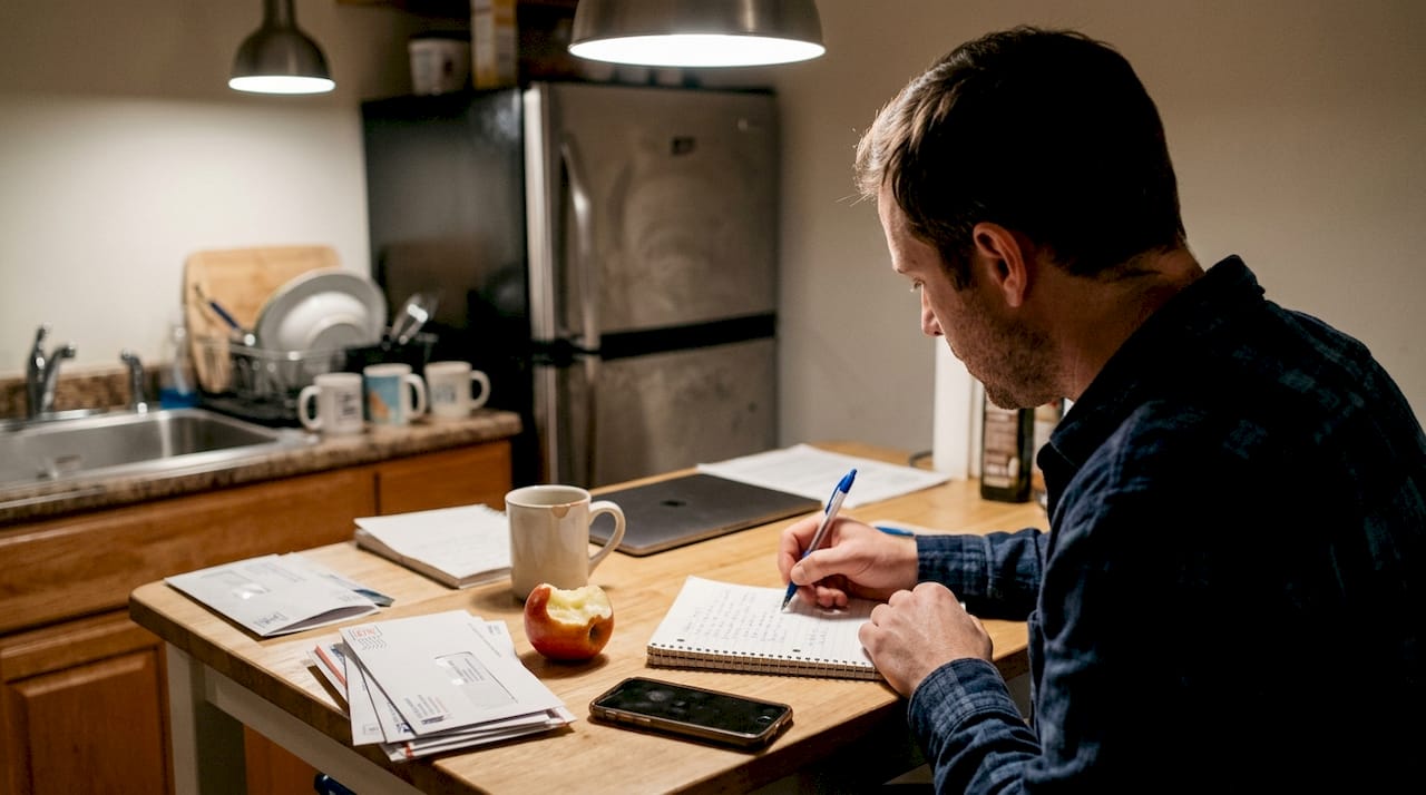 Man journaling quietly at kitchen table