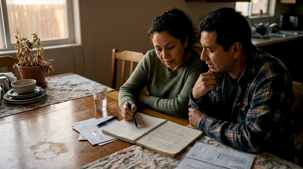 Una pareja organiza sus planes sentados juntos en la mesa de casa, tomando notas en un cuaderno.