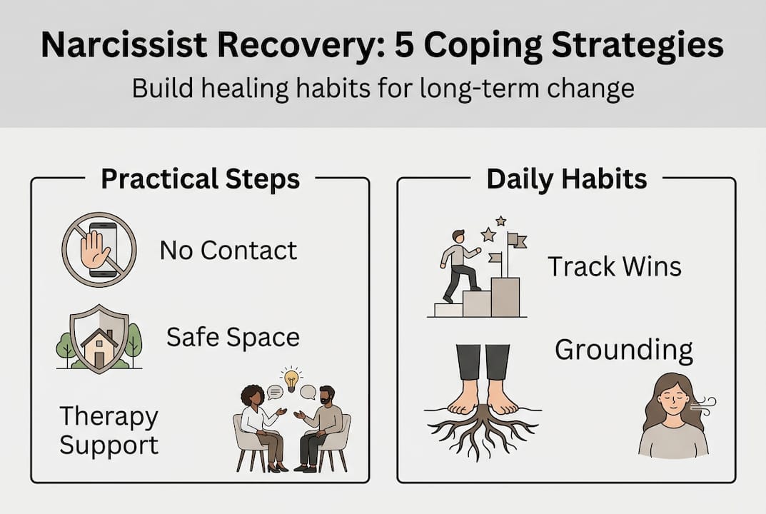Infographic listing five narcissist recovery strategies