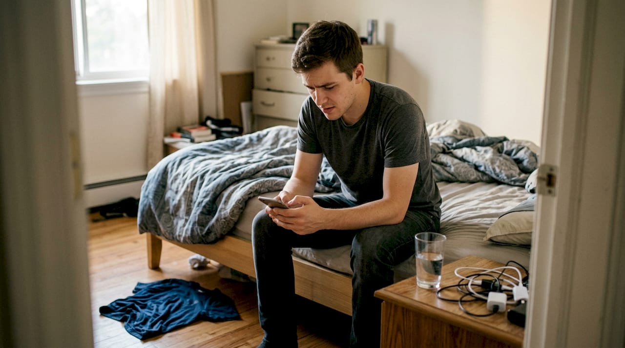 Persona pensativa que no sabe bien qué poner mientras escribe un mensaje en el móvil