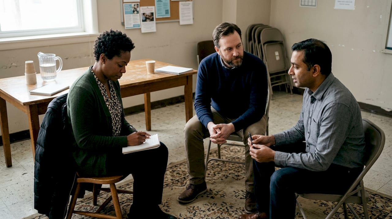 Adults talking in group about grief support