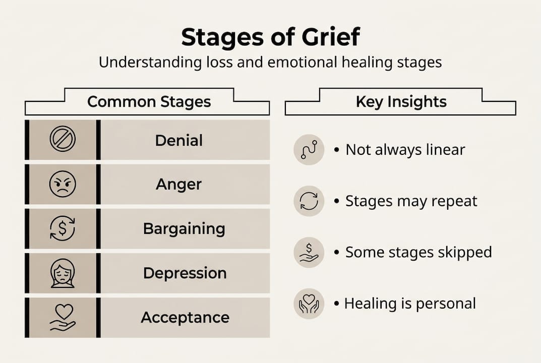 Infographic summarizing grief stages and key facts
