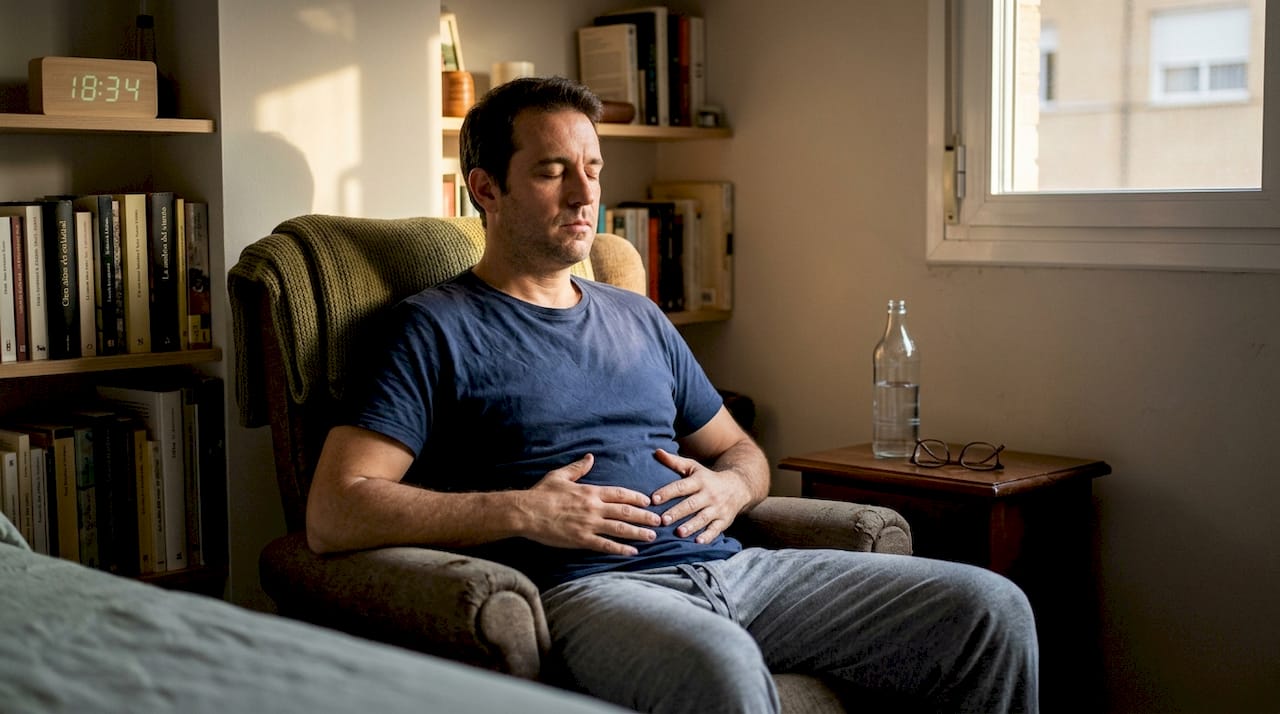 Hombre practicando ejercicios de respiración en su hogar