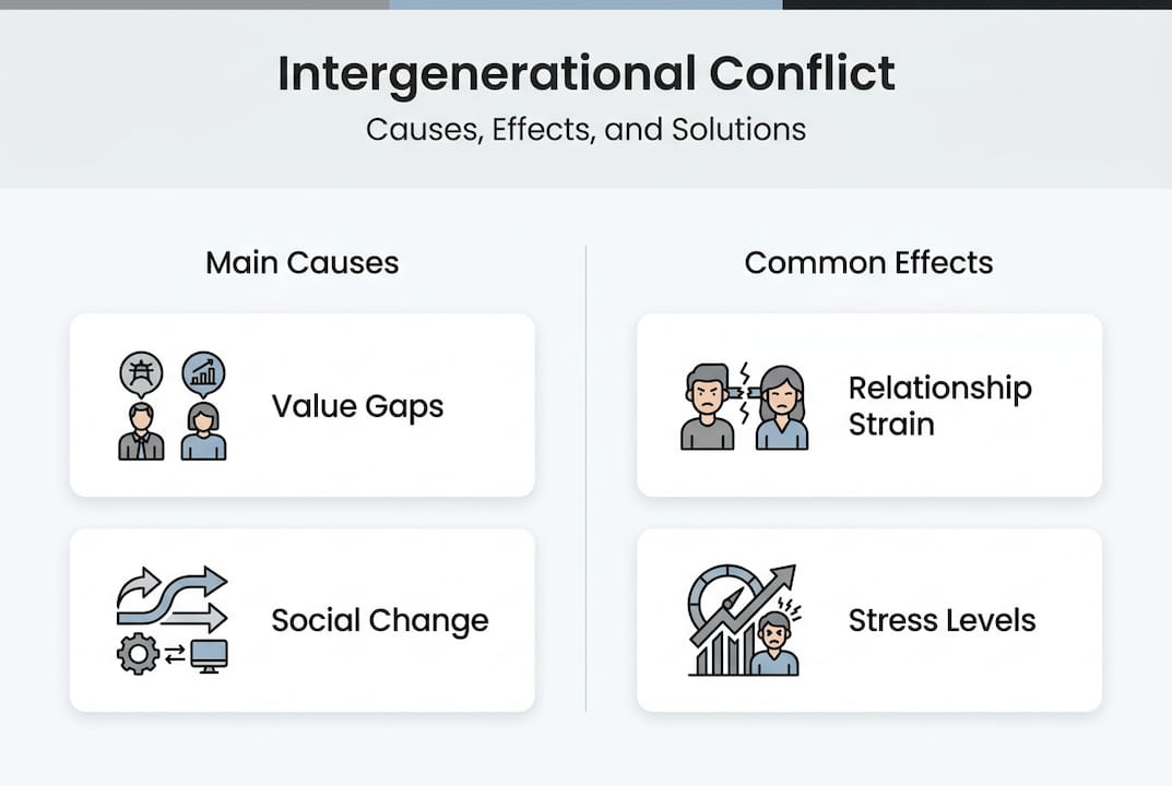 Infographic on intergenerational conflict causes and effects