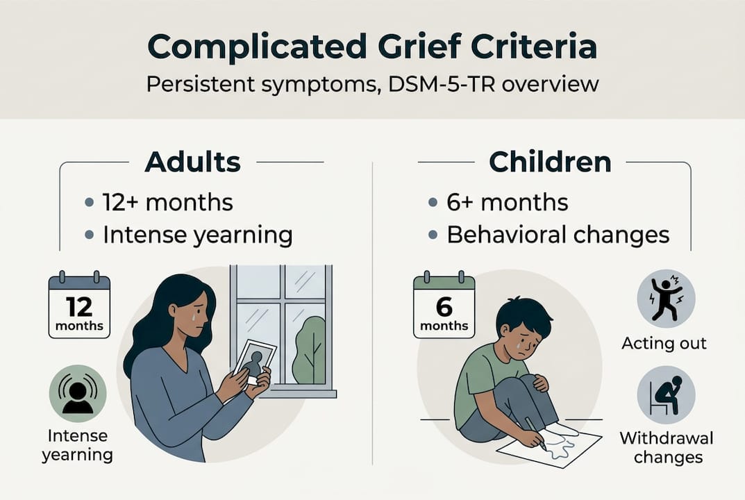Infographic showing complicated grief criteria summary