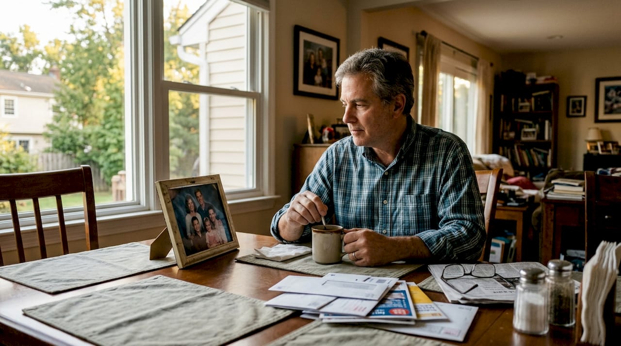 Man reflecting quietly at cluttered dining table