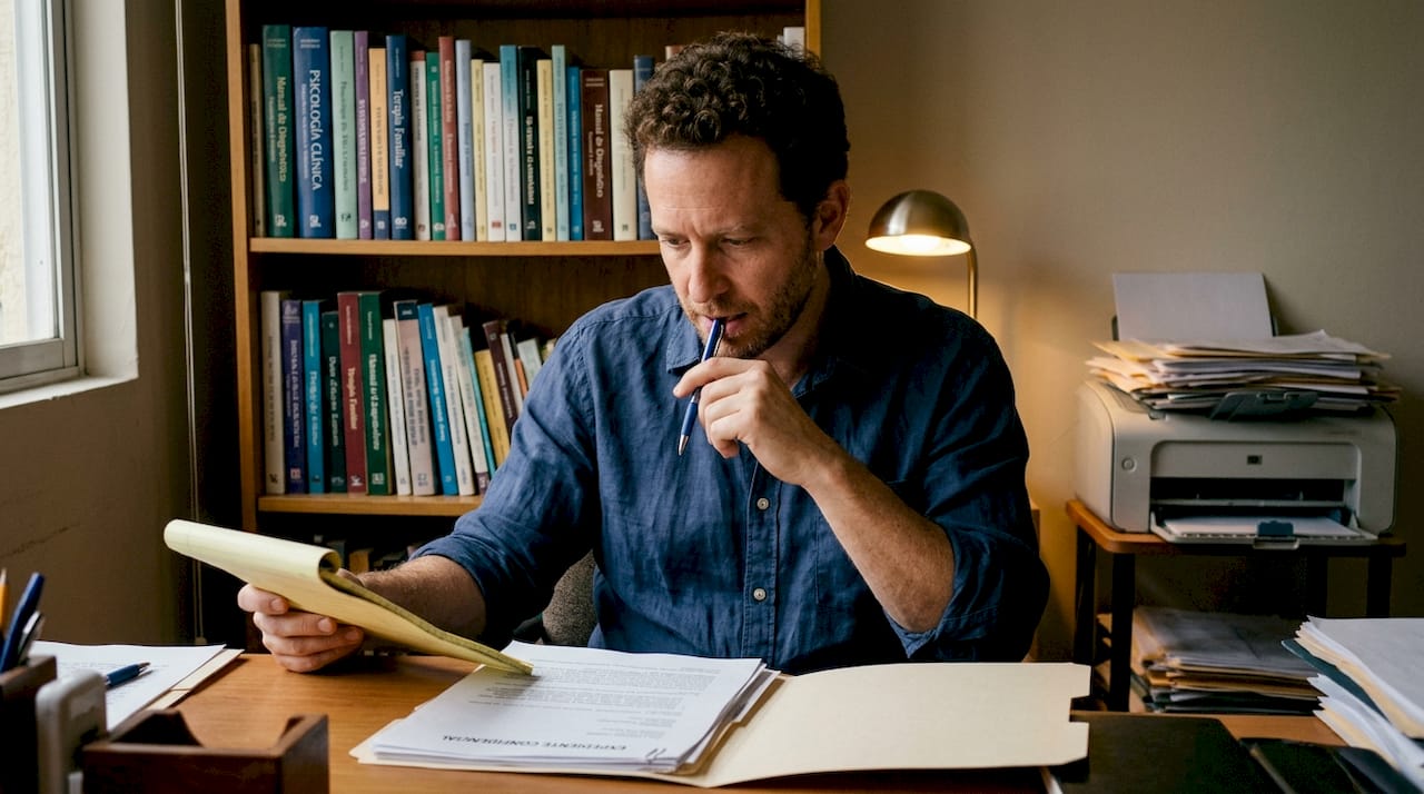 Un terapeuta revisa cuidadosamente el historial de un paciente en un entorno relajado y acogedor.