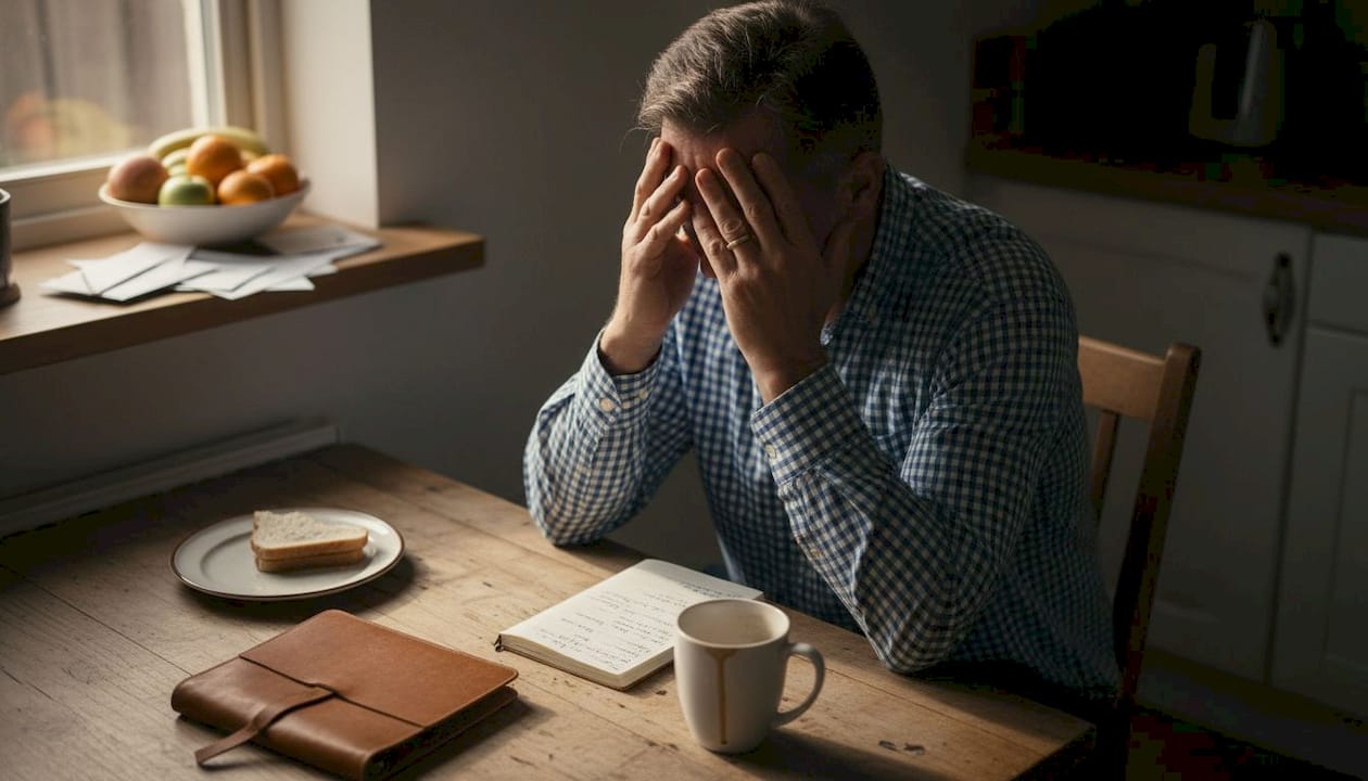 Man experiencing stress at kitchen table