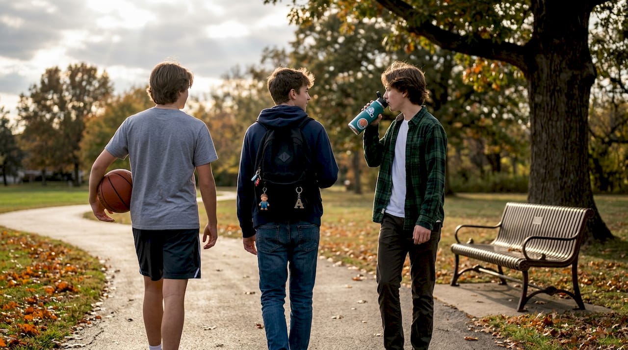 Un grupo de adolescentes pasea por el parque mientras charla animadamente.