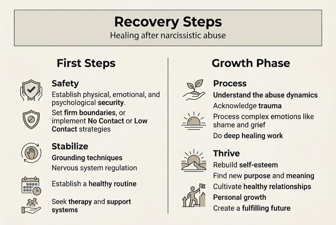Infographic showing healing steps after narcissistic abuse