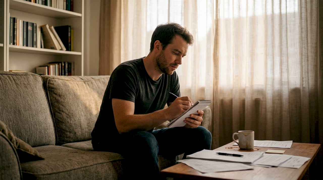 Un hombre sentado en casa, escribiendo en su cuaderno lo que siente y piensa, tomándose un momento para reflexionar sobre sus emociones.
