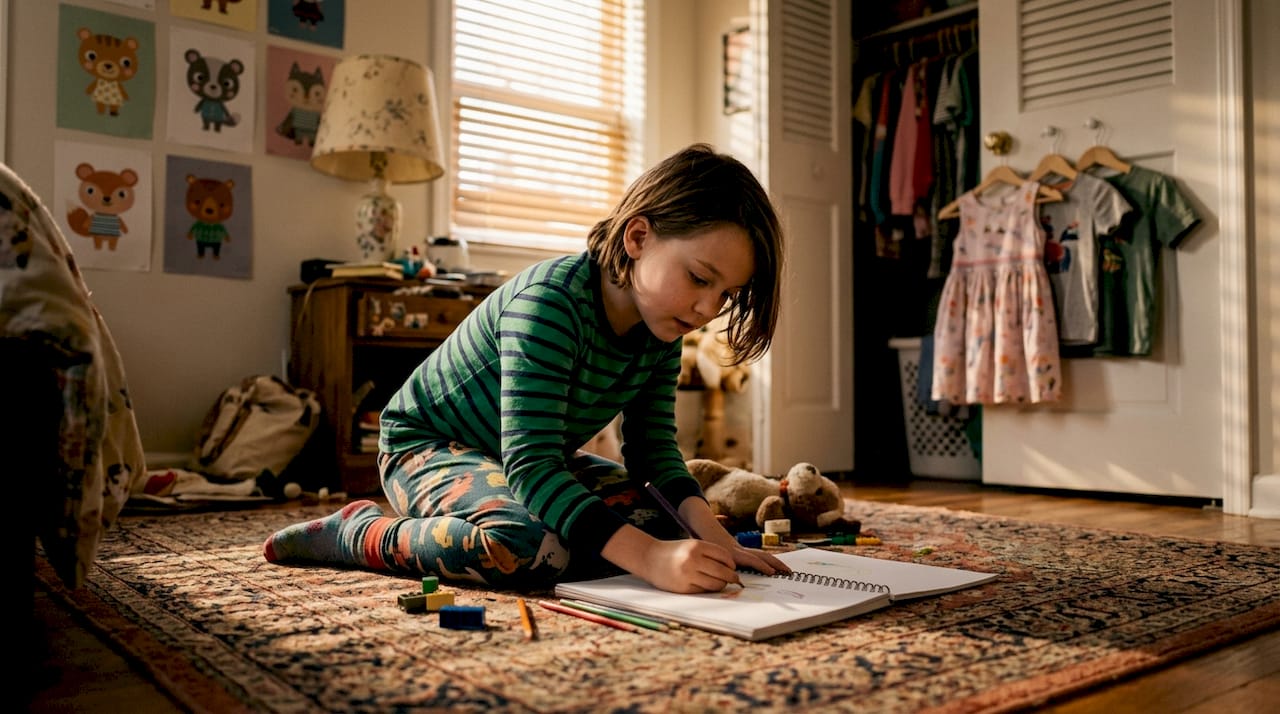 Child drawing in bedroom among varied clothing