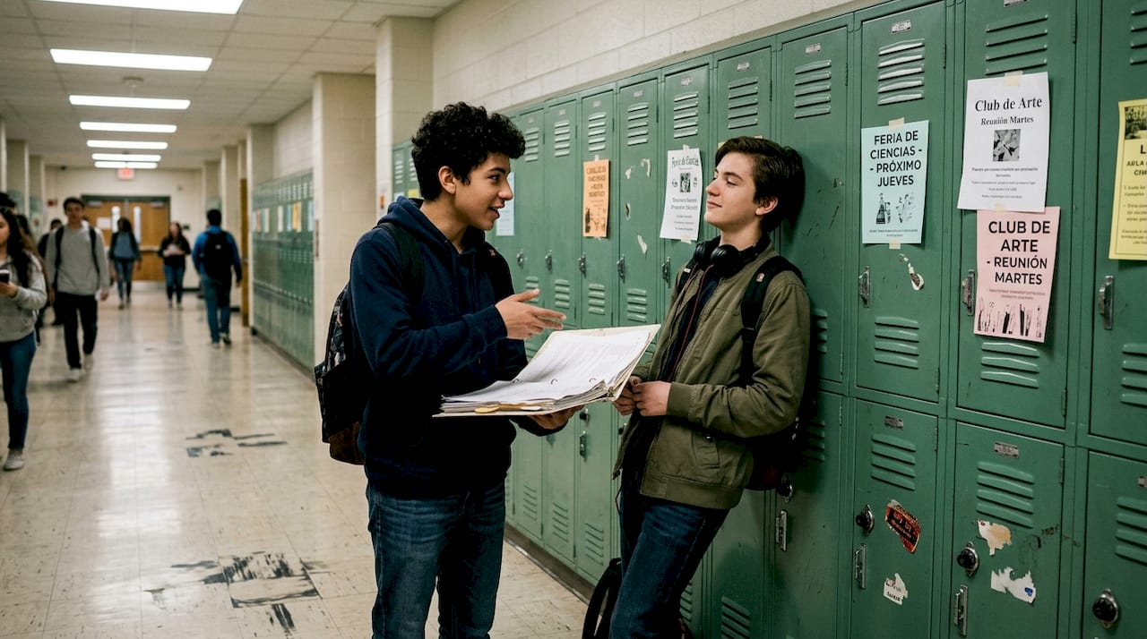 Un grupo de alumnos charlando tranquilamente en el pasillo del colegio
