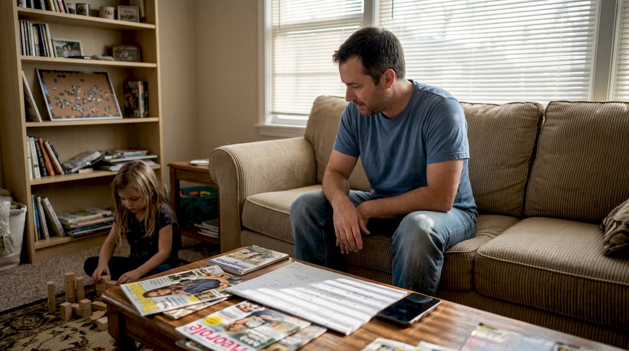 Father observing child playing in living room