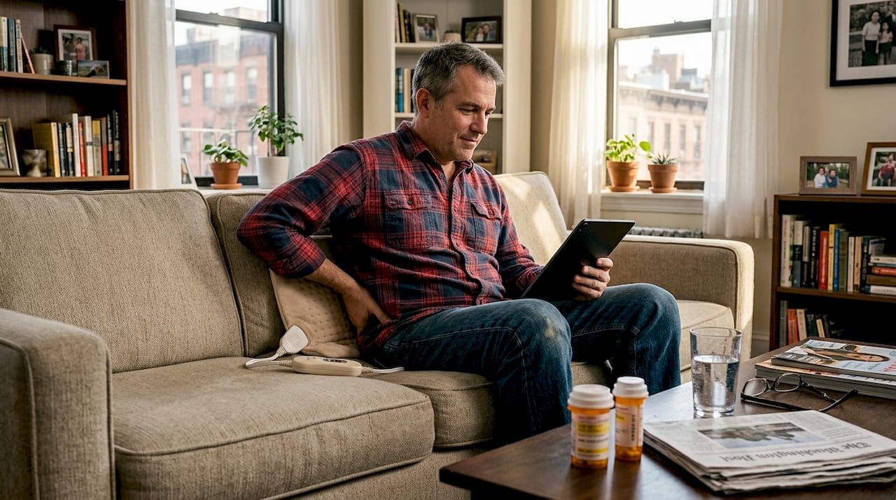 Man using heating pad in home living room
