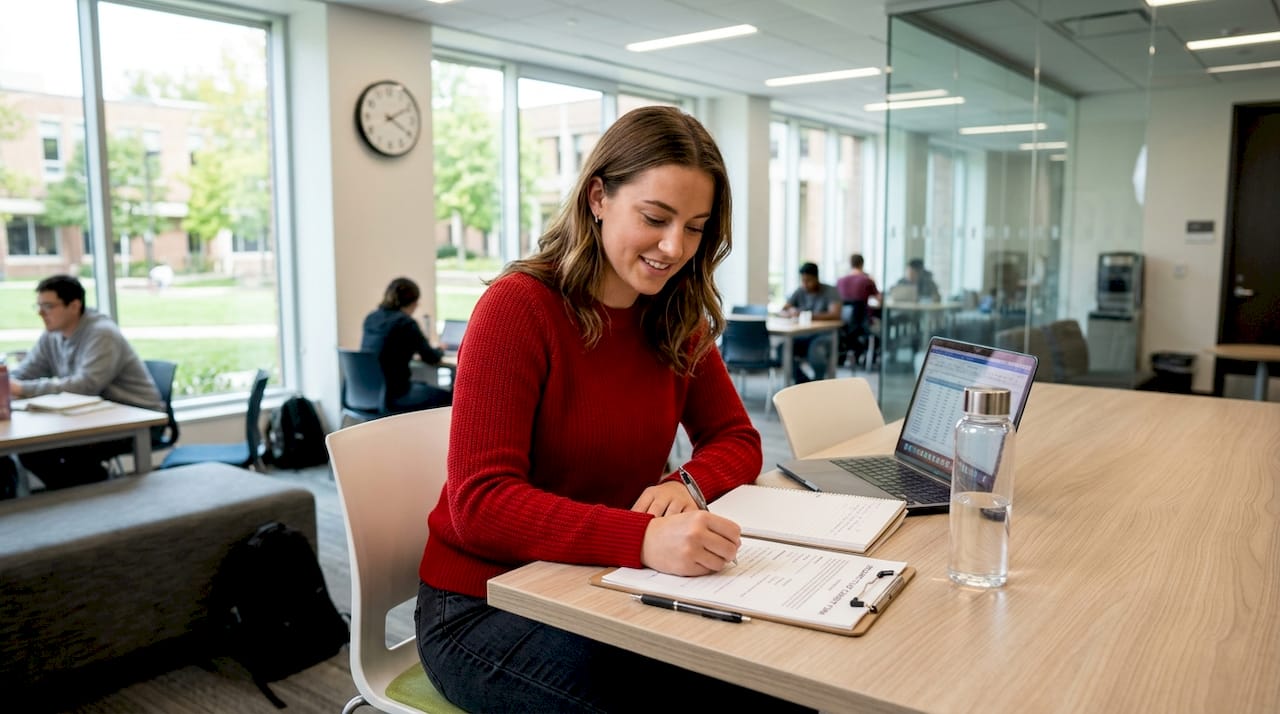 Young woman does repetitive research task