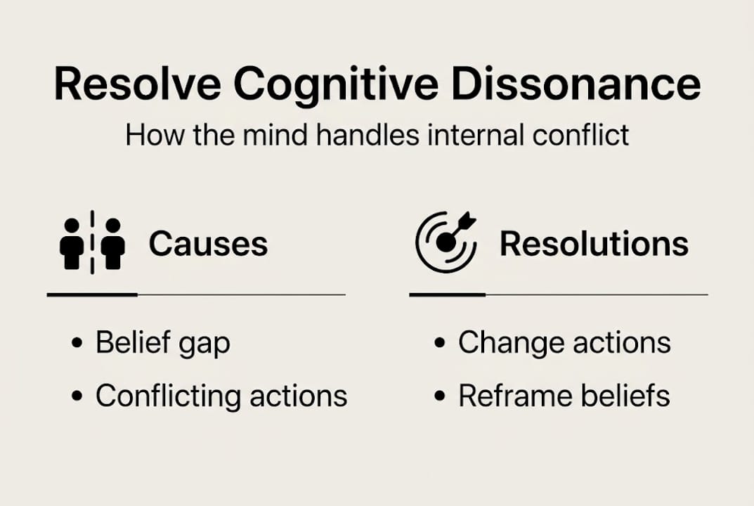 Infographic showing cognitive dissonance causes and solutions