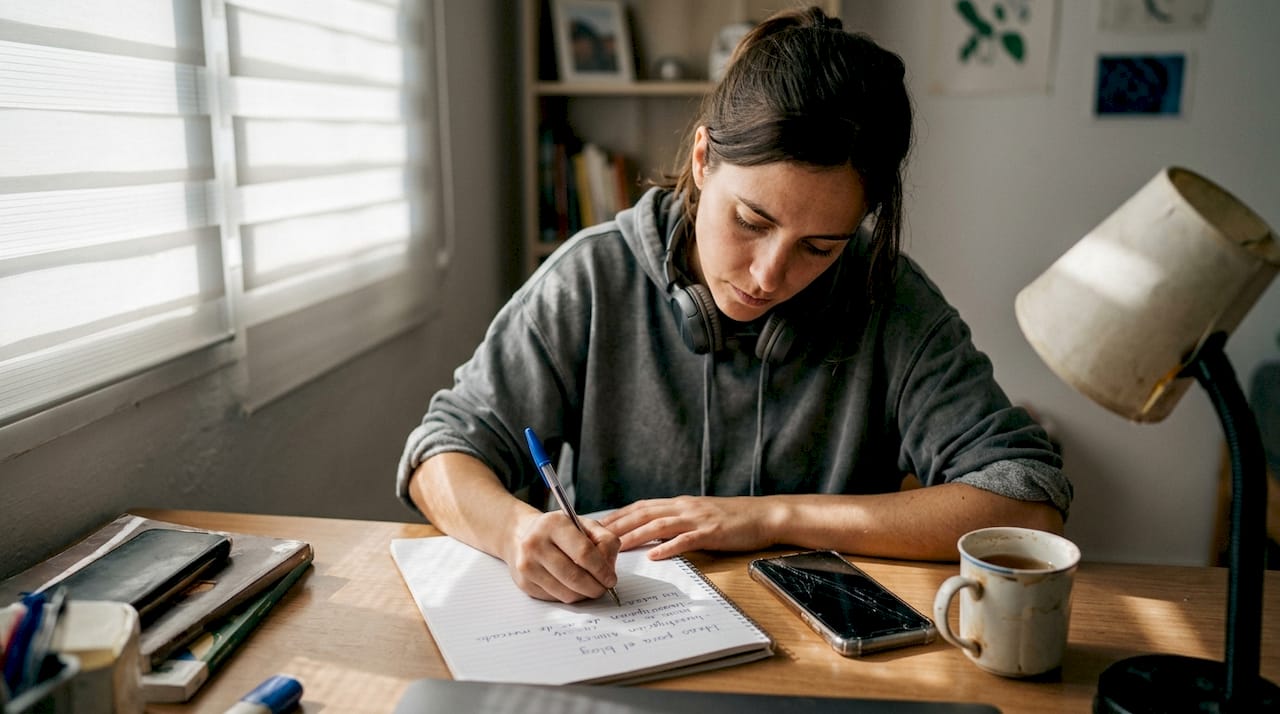 Mujer escribiendo en su diario mientras trabaja en una pequeña oficina
