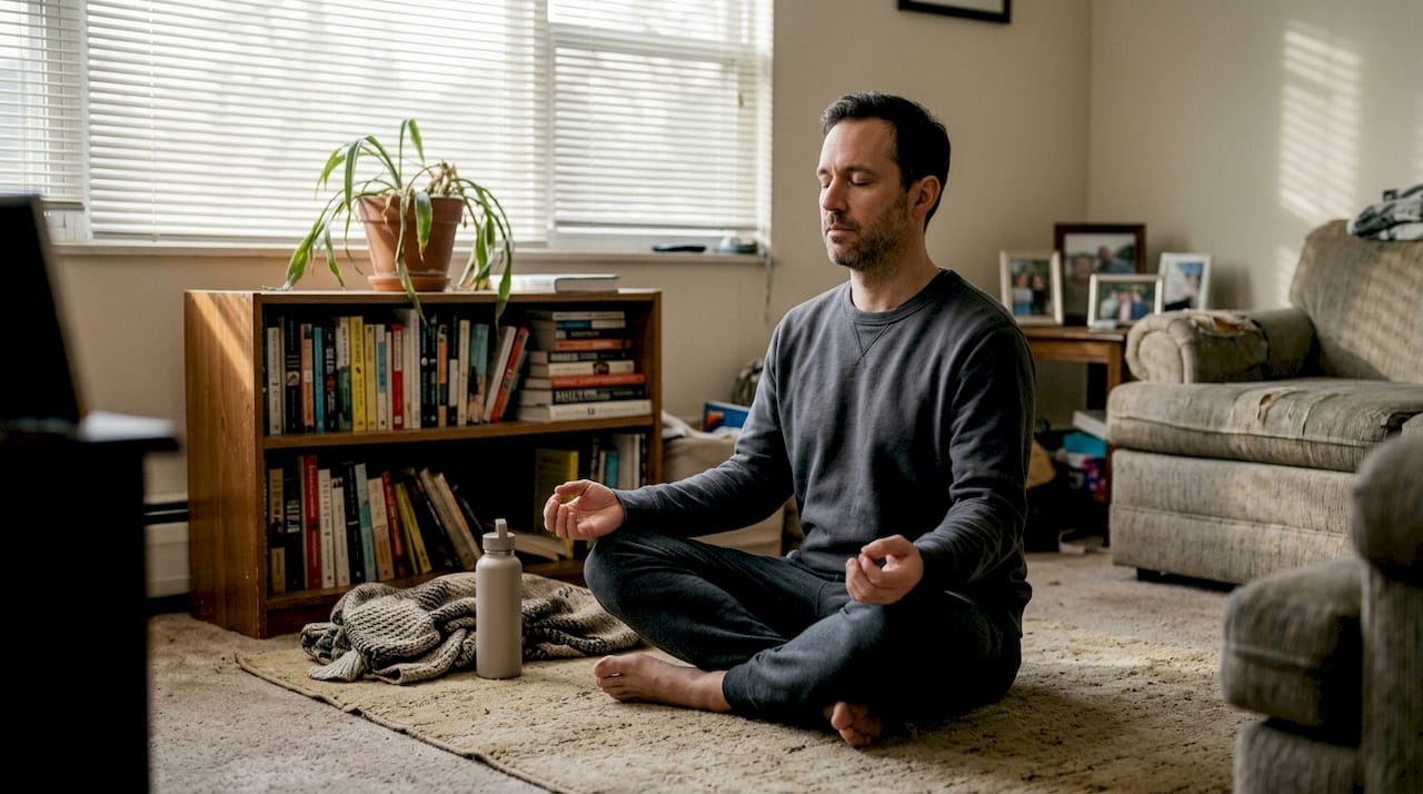 Hombre realizando ejercicios de respiración para aliviar el estrés