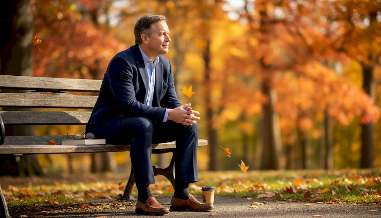 Man reflecting quietly on park bench in autumn