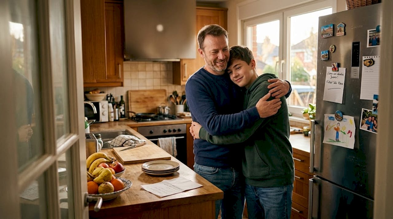Un padre comparte un momento de complicidad y apoyo con su familia en la cocina, dejando claro que todos son bienvenidos y aceptados tal como son.