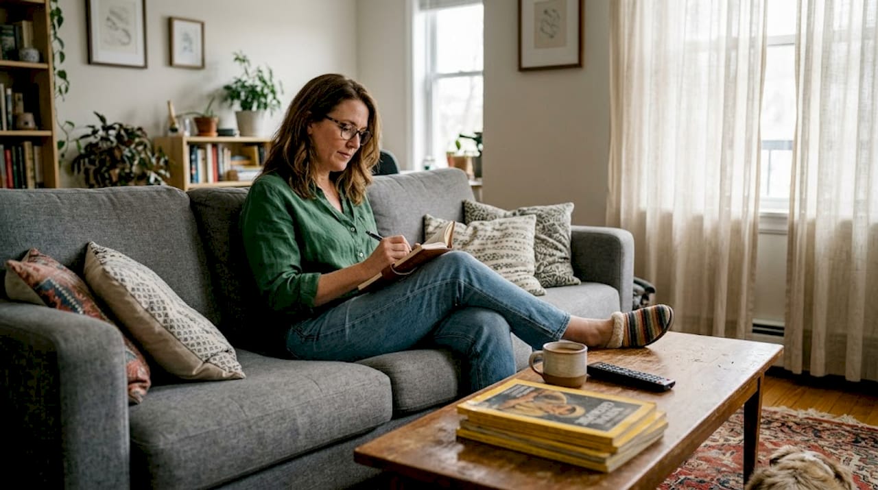 Woman journaling in relaxed home environment