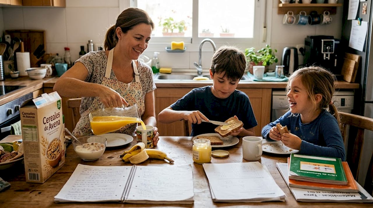 La familia comparte un desayuno sencillo en la cocina, disfrutando juntos de la rutina matutina.