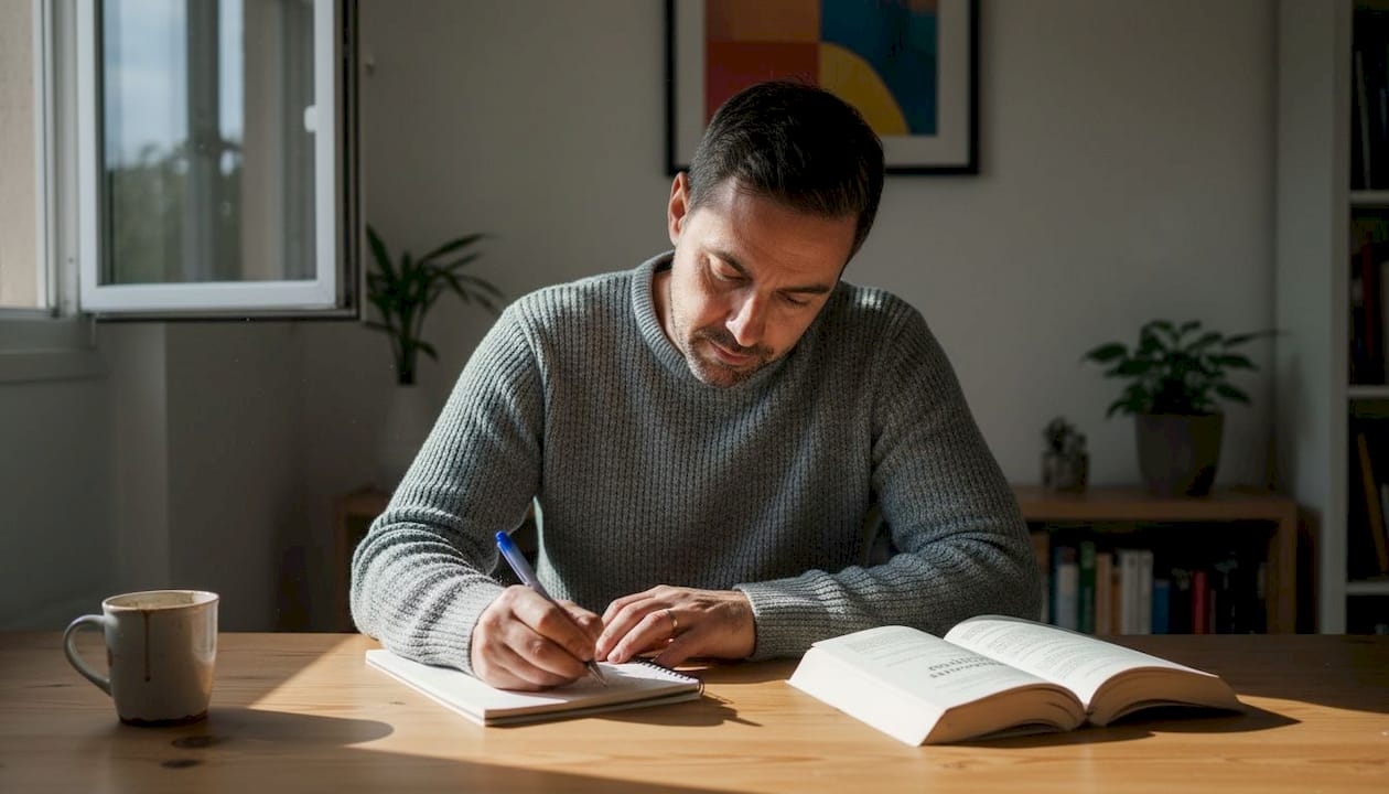 Therapist reflecting with journal at desk