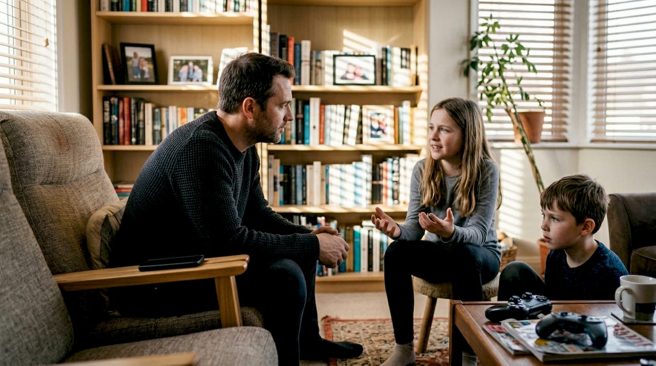 Parent calmly listening to siblings’ discussion