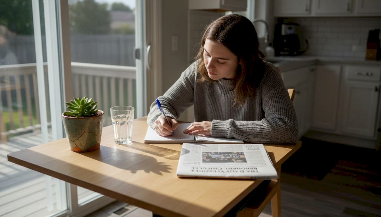 Young woman journaling at a table with a succulent plant and a glass of water, emphasizing the importance of self-reflection between EMDR therapy sessions.